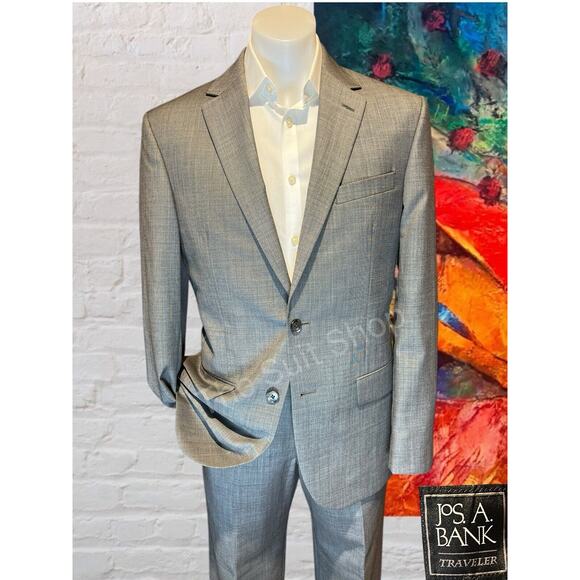 Jos A Bank Traveler 40R 33x31 Slim Gray Nailhead Plaid 2 Piece Suit